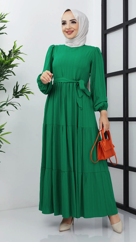 Ladiesca Moda Women Hijab Muslin Fabric Belted Dress