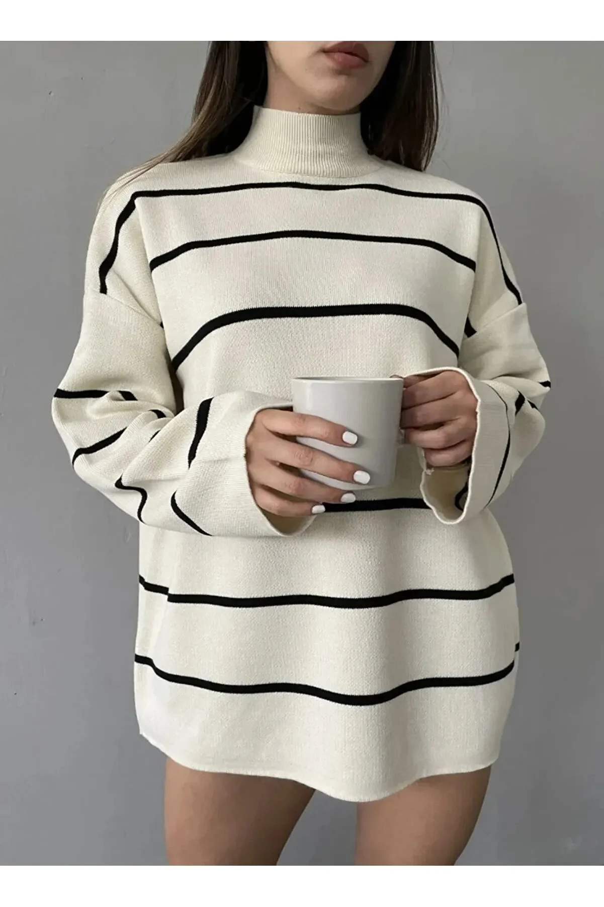 Nimas Women's Oversized Striped Half Turtleneck Knit Sweater - Trendy and Comfortable  nms2337