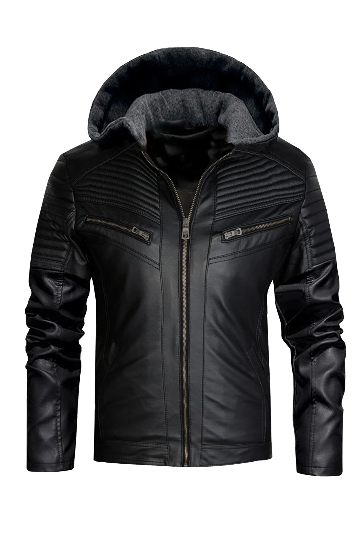 Delpino Men's Black Slim Fit Hooded Leather Jacket DLPN5770