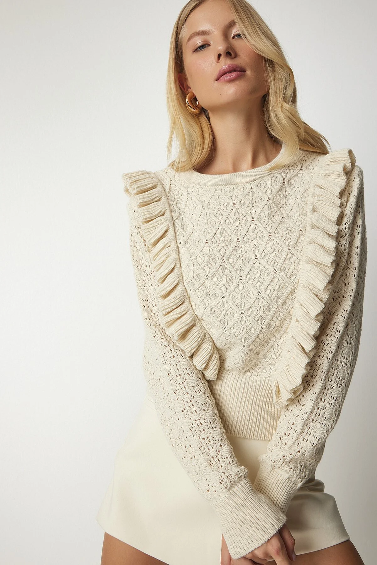Women's  Openwork Ruffle Detail Knit Sweater YY00169