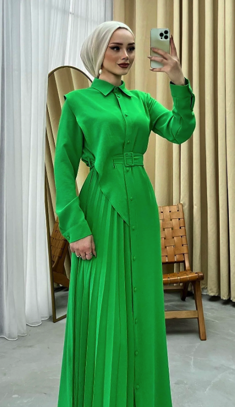 Modaensarbutik Pleat Detailed Asymmetric Dress-BENETTON GREEN 29517