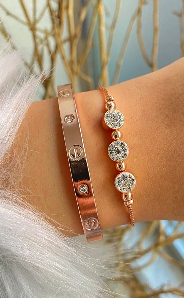 jackferrero Women's Rose Cartier Cuff Triple Stone Elevator Rosse Color 2 Pcs Combination Bracelet Set