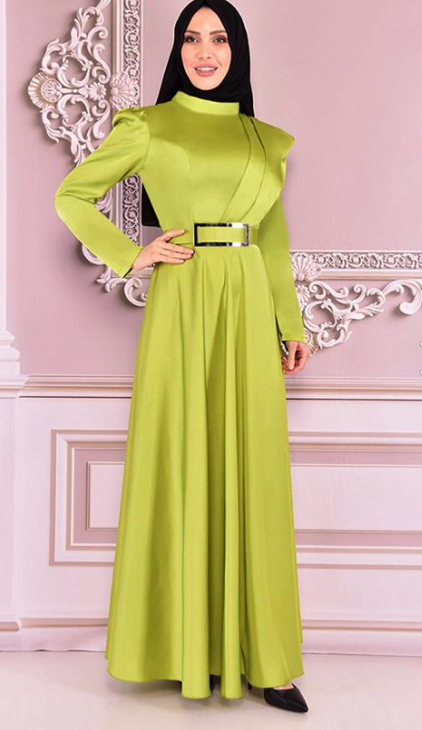 ModaMerve Belted Satin Dress Pistachio Green Nev14862